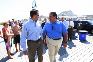 Mayor Matt Doherty and Governor Chris Christie walk the Belmar boardwalk.  Photo Credit: Tim Larson, Governor's Office