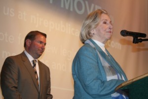 Monmouth County Clerk M. Clair French address the Monmouth GOP convention. Chairman Shaun Golden in background. photo by Art Gallagher