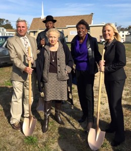 Asbury Park Mayor John Moor, Councilman Jesse Kendle, Freeholder Lillian Burry, Councilwoman Yvonne Clayton and County Clerk Christine Giordano Hanlon break ground at Springwood Ave Park, Oct 20, 2015.photo via facebook