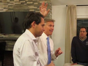 Presumed Oceanport Mayor-elect Jay Coffey, center,addresses supporters as Culllin Wible , left, and Councilman Joe Irace,right look on. photo via facebook