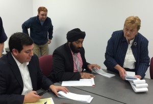 Bruce Padula, Esq, attorney for the Red Bank Republicans, Joseph Libutti, Monmouth Dem Exec Director, Rajvir S. Goomer, Esq, attorney for Michael DuPont and Bertha Sumick, Special Deputy Clerk of Elections prepare for the recount of Red Bank Ballots